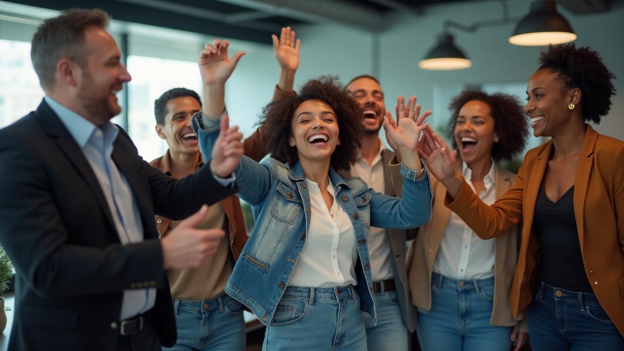 Successful team celebrating AI automation implementation and business process optimization results